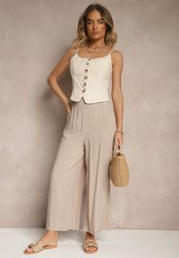 Renee - Beżowe Szerokie Spodnie z Wiskozy ze Sznurkiem Natisetia. Okazja: na co dzień. Kolor: beżowy. Materiał: wiskoza. Styl: elegancki, casual #4