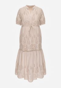 Renee - Beżowa Haftowana Sukienka Bawełniana ze Ściągaczem w Talii Ineryna. Kolor: beżowy. Materiał: bawełna. Wzór: haft. Sezon: lato. Styl: boho #7