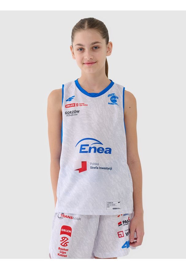 4f - 4F Koszulka meczowa replika domowa z sezonu 2024/25 dziecięca 4F x Enea AZS Gorzów Wielkopolski - multikolor 110/116. Typ kołnierza: dekolt w serek. Kolor: wielokolorowy. Materiał: dzianina, włókno, materiał, syntetyk. Wzór: gładki, nadruk, ze splotem. Sezon: lato. Sport: koszykówka, fitness