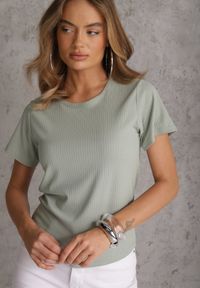 Renee - Ciemnozielony T-shirt Basic z Okrągłym Dekoltem Dolea. Okazja: na co dzień. Kolor: zielony. Materiał: jeans. Długość: krótkie. Wzór: gładki. Styl: casual #1