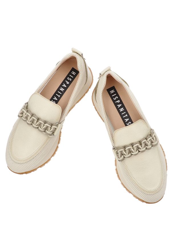 Beżowe Półbuty Hispanitas Modne Wsuwane Obuwie Damskie. Okazja: na co dzień. Zapięcie: bez zapięcia. Kolor: beżowy. Materiał: skóra. Szerokość cholewki: normalna. Styl: casual, elegancki