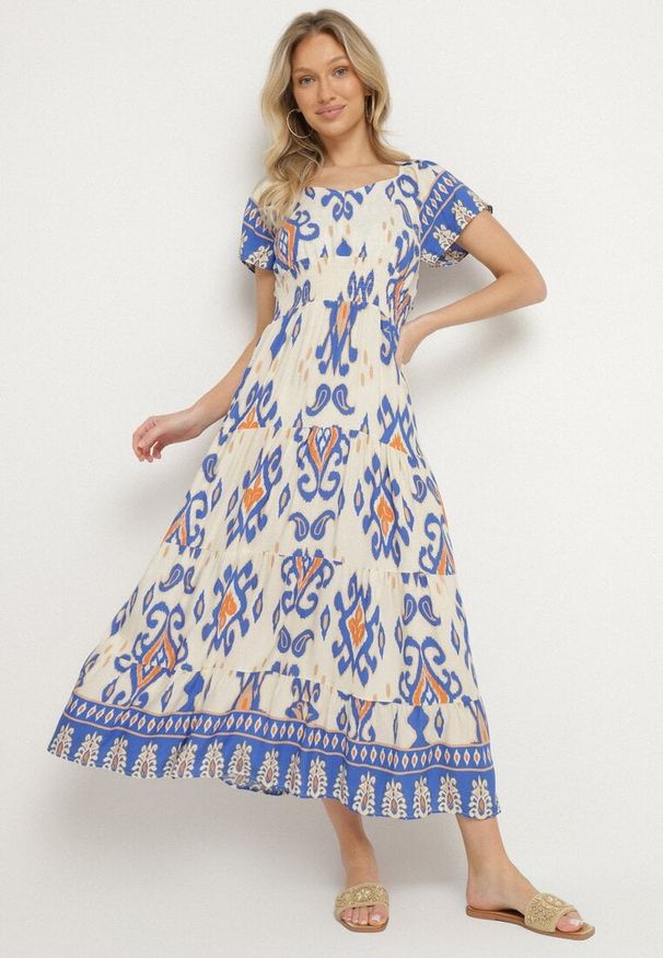 Born2be - Niebieska Wiskozowa Sukienka z Geometrycznym Wzorem Cleanna. Okazja: na spacer, na co dzień. Kolor: niebieski. Materiał: wiskoza. Wzór: geometria. Typ sukienki: proste. Styl: casual, elegancki