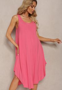 Renee - Różowa Bawełniana Sukienka z Okrągłym Dekoltem o Rozkloszowanym Kroju Tesavette. Kolor: różowy. Materiał: bawełna. Typ sukienki: rozkloszowane. Styl: elegancki #5