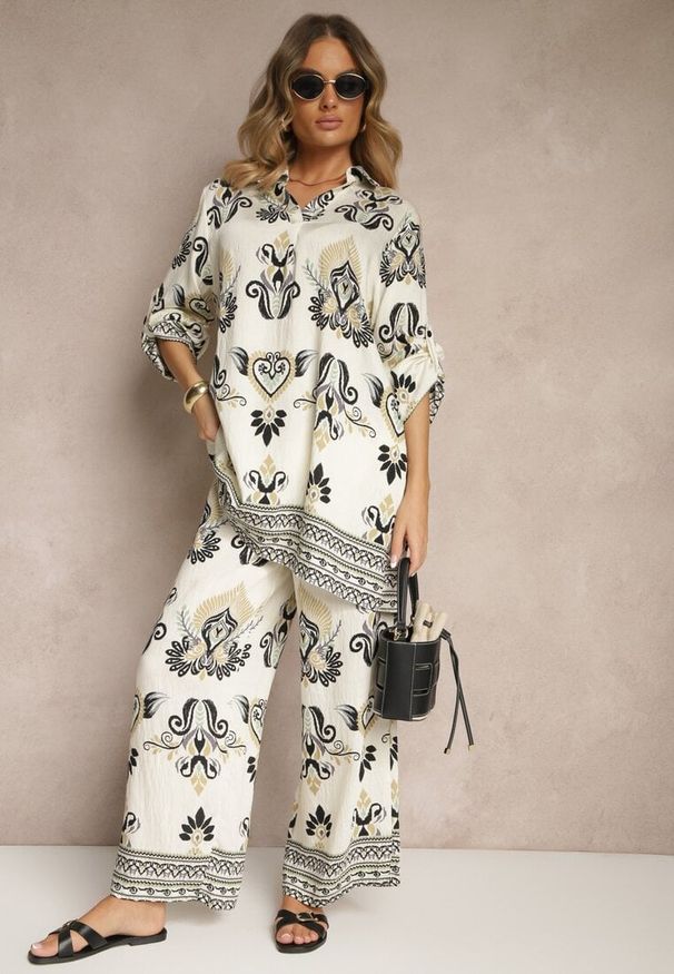 Renee - Beżowo-Czarny Komplet z Wiskozą Szerokie Spodnie i Bluzka w Stylu Boho Rinadora. Kolor: beżowy. Materiał: wiskoza