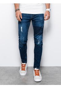 Ombre Clothing - Spodnie męskie jeansowe SKINNY FIT - niebieskie V2 P1063 - XL. Kolor: niebieski. Materiał: jeans. Wzór: aplikacja #3