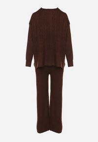 Born2be - Brązowy Komplet Dzianinowy z Bawełną i Wełną Spodnie i Warkoczowy Sweter Errela. Kolor: brązowy. Materiał: dzianina, bawełna, wełna #4
