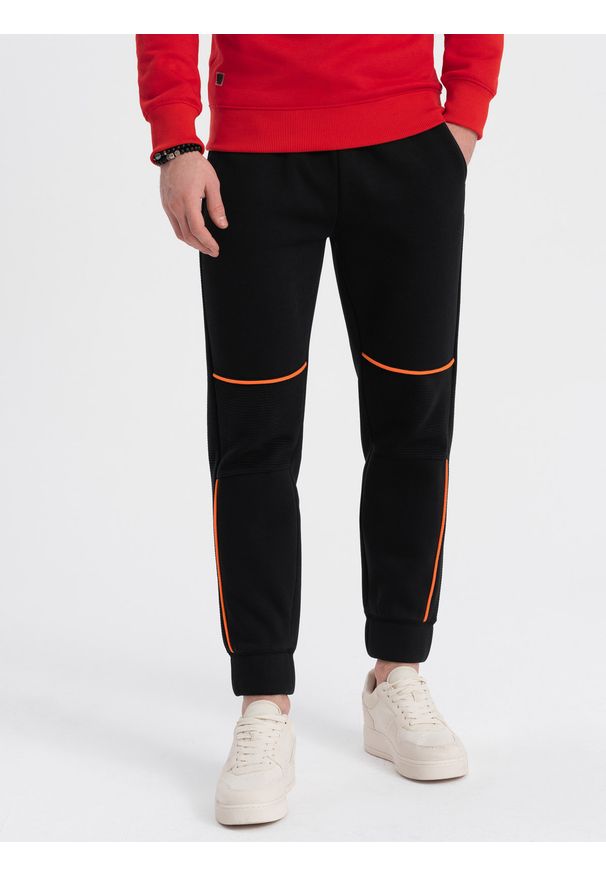 Ombre Clothing - Spodnie męskie dresowe z kontrastowymi przeszyciami - czarne V1 OM-PASK-0145 - XXL. Kolor: czarny. Materiał: dresówka