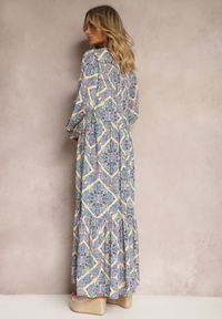 Renee - Niebiesko-Beżowa Wiskozowa Sukienka o Rozkloszowanym Kroju z Falbanką i Guzikami Orines. Kolor: niebieski. Materiał: wiskoza #4