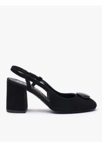 Ryłko - Czarne welurowe czółenka slingback bez pięty z ozdobą. Okazja: na co dzień. Nosek buta: okrągły. Kolor: czarny. Materiał: skóra, welur. Wzór: aplikacja. Obcas: na obcasie. Styl: casual, street, elegancki. Wysokość obcasa: średni #1