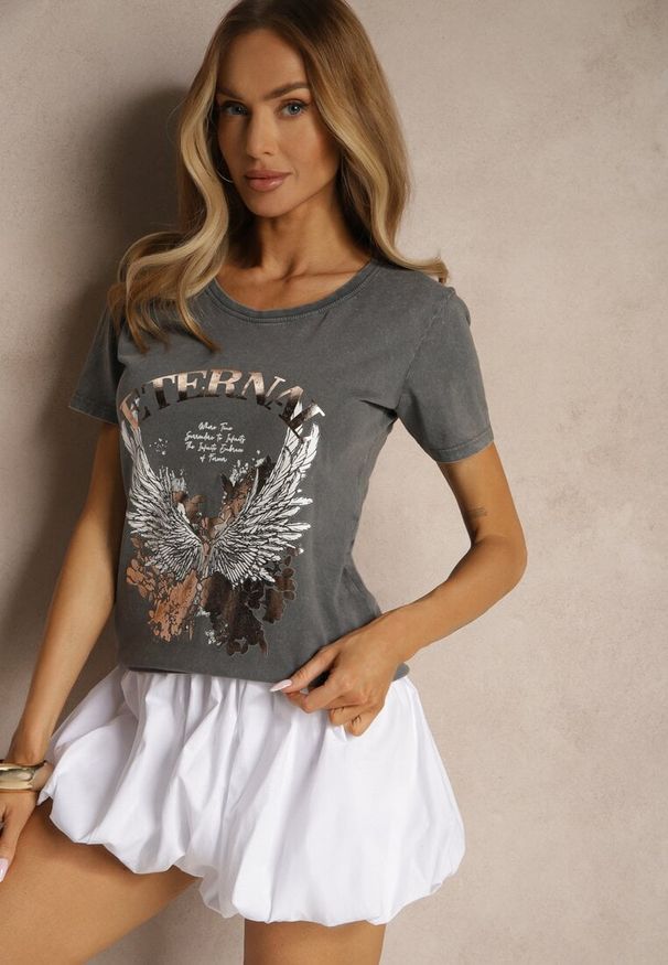 Renee - Ciemnoszary Bawełniany T-shirt Ozdobiony Nadrukiem Trenelia. Okazja: na co dzień. Kolor: szary. Materiał: bawełna. Wzór: aplikacja, nadruk. Styl: elegancki, casual