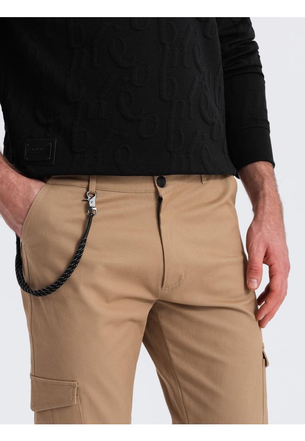 Ombre Clothing - Spodnie męskie z kieszeniami cargo i ściągaczem na dole nogawki - jasnobrązowe V3 OM-PACG-0189 - XXL. Kolor: brązowy. Materiał: bawełna, elastan