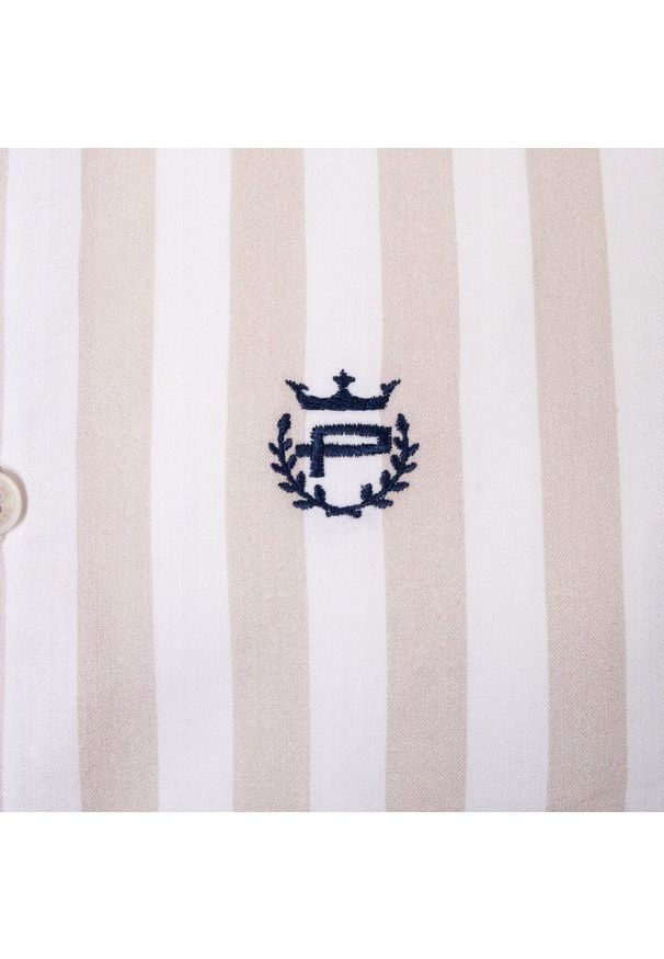 Biała, Lekko Taliowana Koszula Męska - Pako Jeans - Beżowy Prążek. Okazja: na co dzień. Kolor: brązowy, wielokolorowy, beżowy. Materiał: wiskoza, bawełna. Wzór: paski. Styl: casual