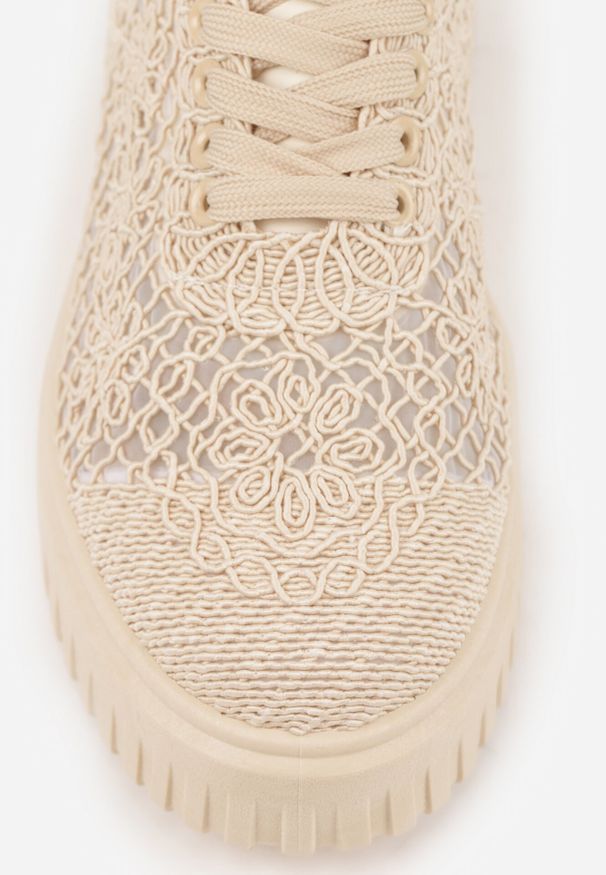 Born2be - Beżowe Ażurowe Sneakersy Vices na Grubej Podeszwie z Tłoczeniem Luminise. Okazja: na co dzień. Kolor: beżowy. Materiał: jeans. Szerokość cholewki: normalna. Wzór: ażurowy
