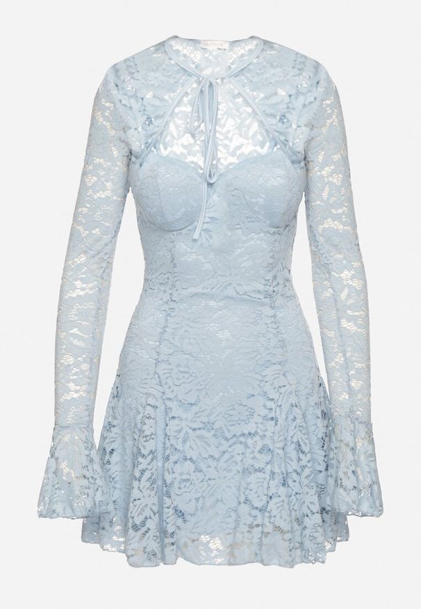 Born2be - Niebieska Rozkloszowane Sukienka Koktajlowa z Koronką i Bolerkiem Eyrfedi. Okazja: na ślub cywilny, na wesele, na randkę. Kolor: niebieski. Materiał: koronka. Długość rękawa: na ramiączkach. Wzór: koronka. Typ sukienki: rozkloszowane. Styl: wizytowy