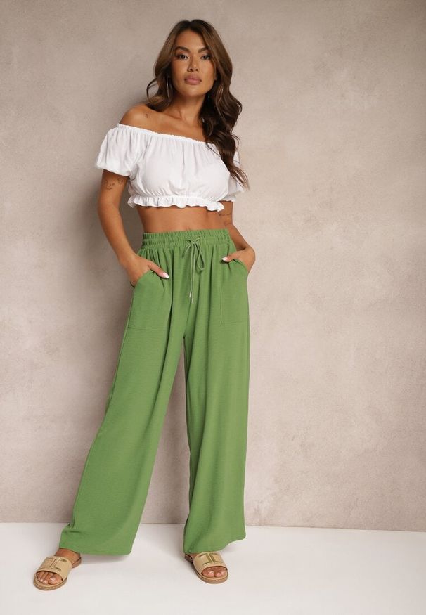 Renee - Zielone Spodnie High Waist ze Sznurkiem w Talii i Prostą Nogawką Raveann. Okazja: na co dzień. Stan: podwyższony. Kolor: zielony. Styl: casual