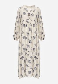 Renee - Jasnobeżowa Wiskozowa Sukienka o Rozkloszowanym Kroju z Guzikami przy Dekolcie Seave. Okazja: na co dzień. Kolor: beżowy. Materiał: wiskoza. Wzór: nadruk. Typ sukienki: rozkloszowane, oversize. Styl: boho, casual #6