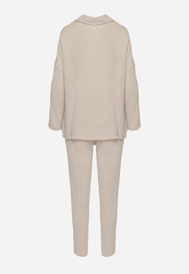 Born2be - Beżowy Bawełniany Komplet Muślinowy Koszula z Regulowanymi Rękawami i Spodnie Janilene. Kolor: beżowy. Materiał: bawełna