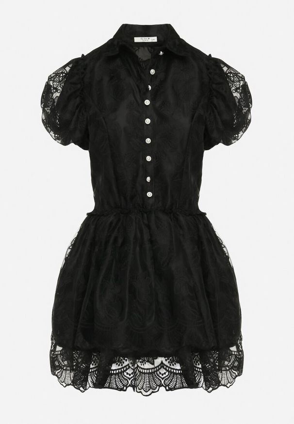 Born2be - Czarna Koronkowa Sukienka Mini w Kwiaty z Bufiastymi Rękawami Cervi. Kolor: czarny. Materiał: koronka. Wzór: kwiaty. Długość: mini