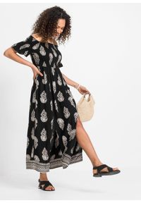 bonprix - Sukienka z dekoltem carmen, z lejącej wiskozy. Typ kołnierza: typu carmen. Kolor: czarny. Materiał: wiskoza. Sezon: lato. Długość: maxi #3