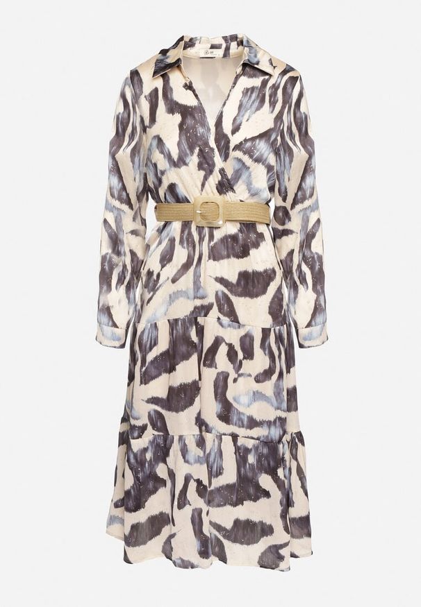 Born2be - Beżowo-Szara Kopertowa Sukienka w Abstrakcyjny Wzór z Gumką w Talii i Paskiem Zinnitaria. Okazja: na co dzień. Kolor: beżowy. Materiał: jeans. Typ sukienki: kopertowe. Styl: casual, klasyczny