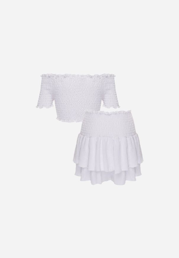 Renee - Biały Komplet Top Hiszpanka i Spódnico-Spodenki z Falbanami oraz Gumką Rinaria. Kolor: biały. Materiał: jeans