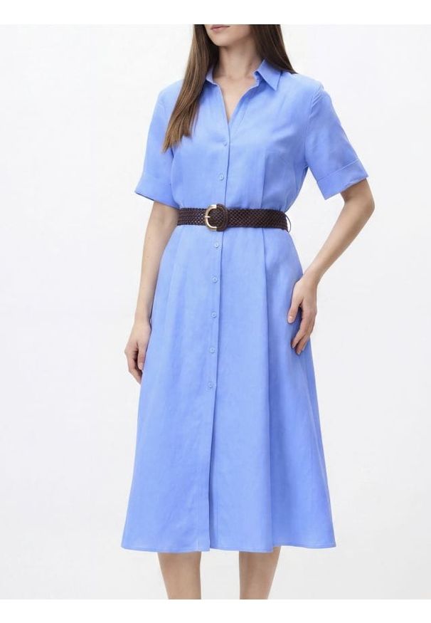 Reserved - Sukienka midi z lnem - niebieski. Kolor: niebieski. Materiał: len. Długość: midi