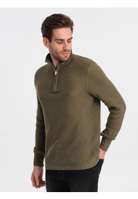 Ombre Clothing - Dzianinowy sweter męski z rozpinaną stójką - oliwkowy V6 OM-SWZS-0105 - XXL. Typ kołnierza: kołnierzyk stójkowy. Kolor: oliwkowy. Materiał: dzianina #5