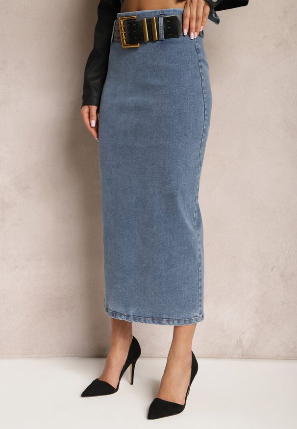Renee - Niebieska Jeansowa Spódnica Midi Bawełniana z Ażurowym Paskiem i Klamrą Allerio. Kolor: niebieski. Materiał: bawełna, jeans. Wzór: ażurowy. Styl: elegancki