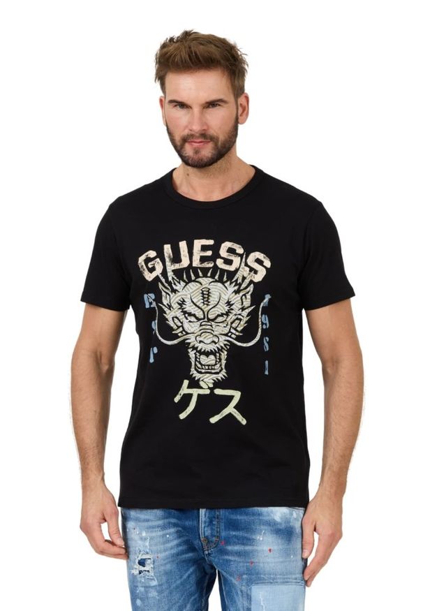 Guess - GUESS Czarny męski t-shirt bawełniany Dragon Tee, Rozmiar XXL. Kolor: czarny. Materiał: bawełna