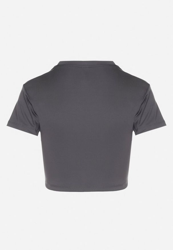 Born2be - Ciemnoszary T-shirt Crop Top Ozdobiony Literką Koliviela. Okazja: na co dzień. Kolor: szary. Materiał: jeans. Długość: krótkie. Wzór: aplikacja. Styl: elegancki, casual