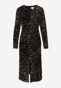 Born2be - Złoto-Czarna Kopertowa Marszczona Sukienka Cekinowa Bonilda. Kolor: złoty. Wzór: aplikacja. Typ sukienki: kopertowe. Styl: elegancki #5