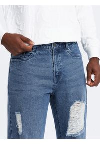 Ombre Clothing - Męskie jeansowe spodnie TAPERED FIT z dziurami – ciemnoniebieskie V3. Kolor: niebieski. Materiał: jeans. Wzór: aplikacja. Styl: retro, elegancki, vintage #9