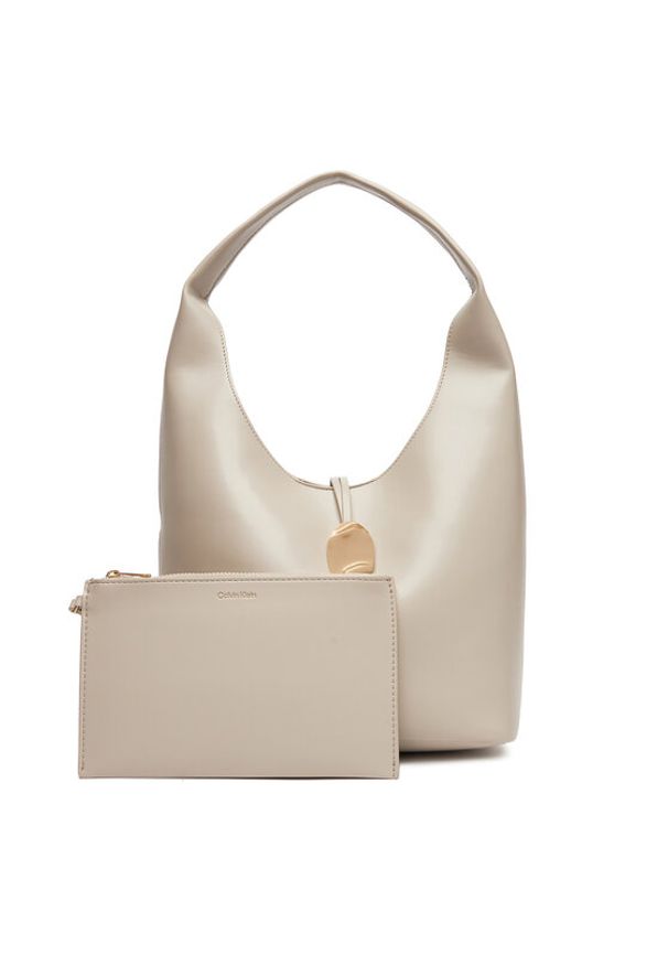 Calvin Klein Jeans Torebka Stone Lock Slouchy Small Shoulde LV04K3176G Écru. Materiał: skórzane
