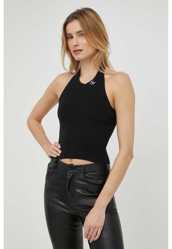 Calvin Klein Jeans top damski kolor czarny. Kolor: czarny. Materiał: materiał. Wzór: aplikacja