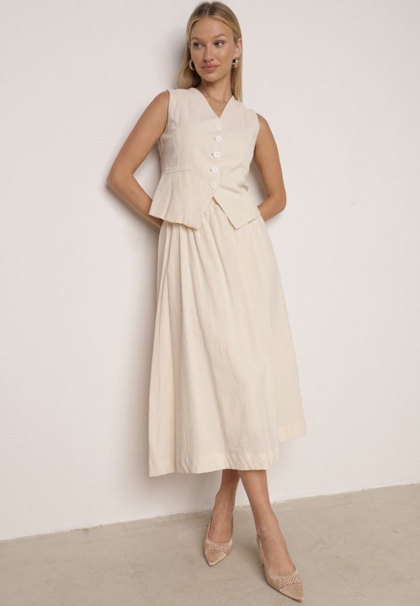 Born2be - Beżowy Bawełniany Komplet Rozkloszowana Spódnica i Kamizelka Moveina. Kolor: beżowy. Materiał: bawełna. Wzór: ażurowy