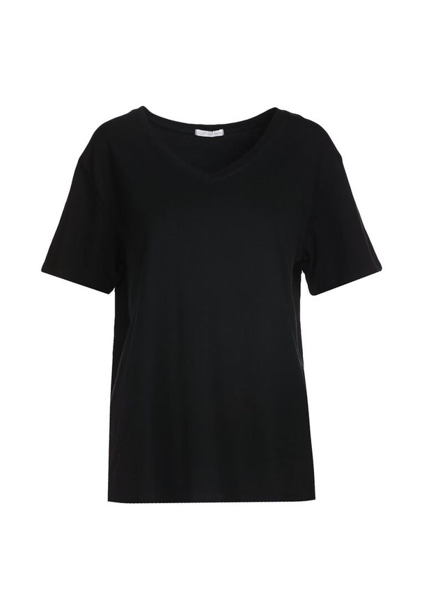 Born2be - Czarny T-shirt Genilin. Okazja: na co dzień. Typ kołnierza: dekolt w kształcie V. Kolor: czarny. Materiał: dzianina. Długość rękawa: krótki rękaw. Długość: krótkie. Wzór: gładki. Styl: klasyczny, casual, wizytowy