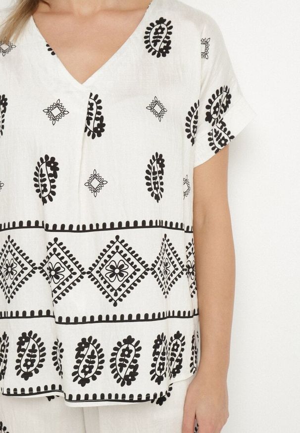 Born2be - Czarno-Biały Bawełniany Komplet Koszula i Szerokie Spodnie w Stylu Boho Ollirive. Kolor: biały. Materiał: bawełna. Wzór: aplikacja