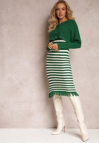 Renee - Zielony Komplet 2-Częściowy Sukienka w Paski i Kardigan Krótki na Guziki Orivela. Kolor: zielony. Wzór: paski #4
