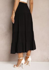 Renee - Czarna Wiskozowa Spódnica High Waist o Rozkloszowanym Kroju z Wiązaniem i Gumką w Talii Leceviana. Okazja: na spacer. Stan: podwyższony. Kolor: czarny. Materiał: wiskoza. Wzór: aplikacja. Sezon: lato, wiosna. Styl: elegancki