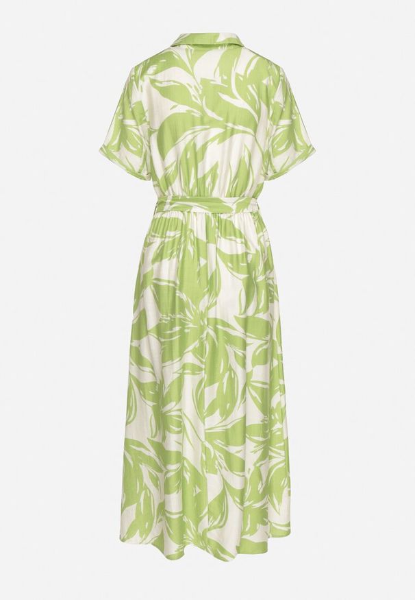 Born2be - Zielona Wiskozowa Sukienka o Koszulowym Kroju z Wiązanym Paskiem Uloanna. Okazja: na co dzień. Kolor: zielony. Materiał: wiskoza. Długość rękawa: krótki rękaw. Wzór: aplikacja. Typ sukienki: koszulowe. Styl: casual, elegancki, klasyczny