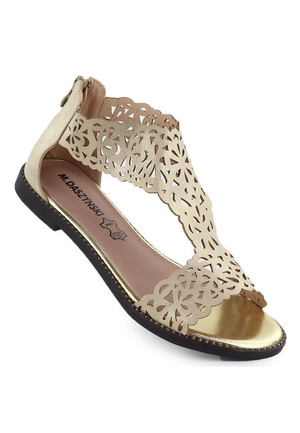 Sandały damskie ażurowe platynowe złote M.Daszyński MR24148-2. Kolor: szary, złoty, wielokolorowy. Materiał: skóra ekologiczna. Wzór: ażurowy