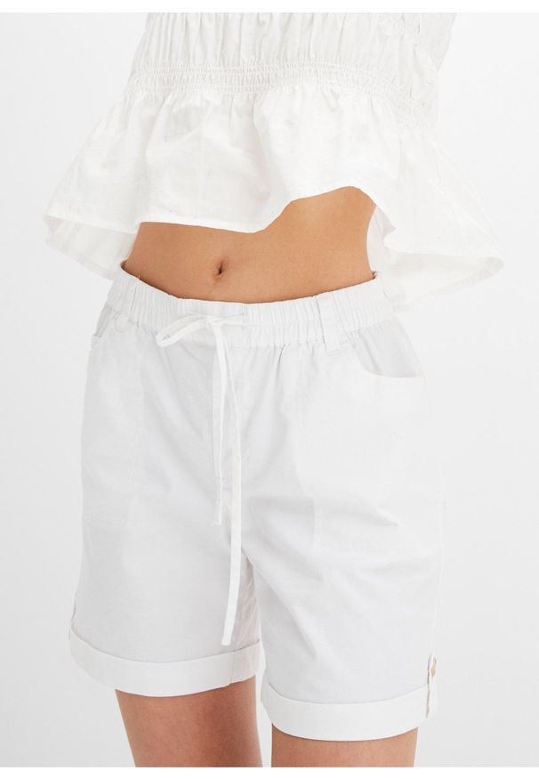 bonprix - Bermudy bawełniane z gumką w talii. Kolor: biały. Materiał: bawełna