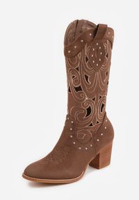 Renee - Brązowe Ażurowe Botki Kowbojki VICES na Stożku Zdobione Nitami Sennatea. Okazja: na spacer. Kolor: brązowy. Materiał: zamsz, jeans. Wzór: ażurowy, aplikacja. Sezon: lato. Obcas: na stożku. Styl: elegancki, boho. Wysokość obcasa: średni #5