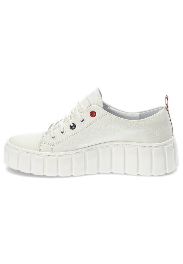 Białe Sneakersy Armodo Modne Skórzane Buty Damskie. Okazja: na co dzień. Zapięcie: sznurówki. Kolor: biały. Szerokość cholewki: normalna. Wzór: geometria, kolorowy. Materiał: skóra. Sezon: wiosna. Obcas: na platformie. Styl: casual, klasyczny, sportowy