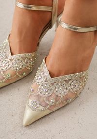 Born2be - Złote Czółenka na Szpilce VICES z Siateczkową Cholewką z Brokatem i Cyrkoniami Venbanise. Zapięcie: sprzączka. Kolor: złoty. Materiał: tiul. Szerokość cholewki: normalna. Wzór: aplikacja. Obcas: na szpilce. Styl: klasyczny, elegancki #4