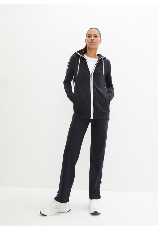 bonprix - Dres sportowy bawełniany ze stretchem (komplet 2 cz.). Kolor: czarny. Materiał: bawełna, dresówka. Styl: sportowy