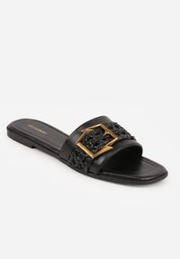 Renee - Czarne Klapki w Stylu Boho z Plecionką z Rafii i Metalową Klamerką Mezelin. Okazja: na co dzień. Kolor: czarny. Materiał: jeans, len. Sezon: lato. Styl: boho #2