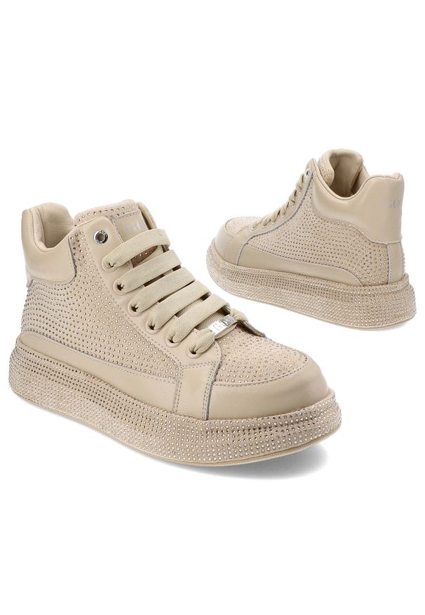 GOE - Beżowe Sneakersy Goe Stylowe Błyszczące Obuwie Damskie. Zapięcie: sznurówki. Kolor: beżowy. Materiał: materiał. Wzór: aplikacja