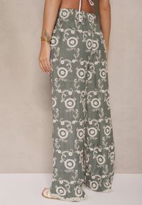 Renee - Ciemnozielone Spodnie o Szerokim Kroju High Waist Ozdobione Haftem Issedi. Okazja: na co dzień. Stan: podwyższony. Kolor: zielony. Wzór: haft, aplikacja. Styl: casual #5