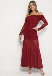 Born2be - Bordowa Taliowana Sukienka Typu Hiszpanka z Transparentnymi Wstawkami Halacia. Typ kołnierza: dekolt hiszpanka. Kolor: czerwony. Styl: elegancki
